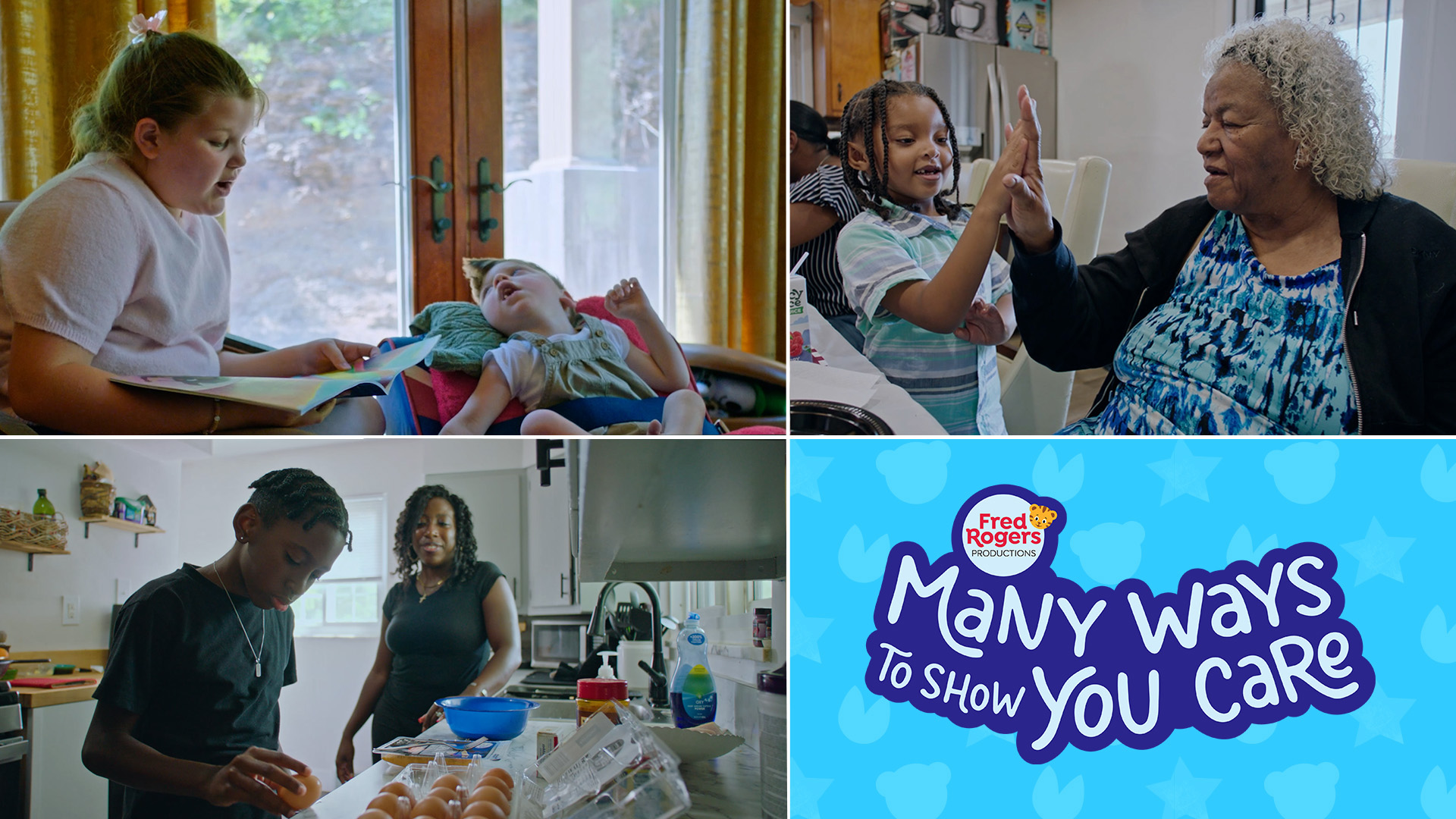 3 pictures of kids caregiving for a family member and the "Many Ways to Show You Care logo".